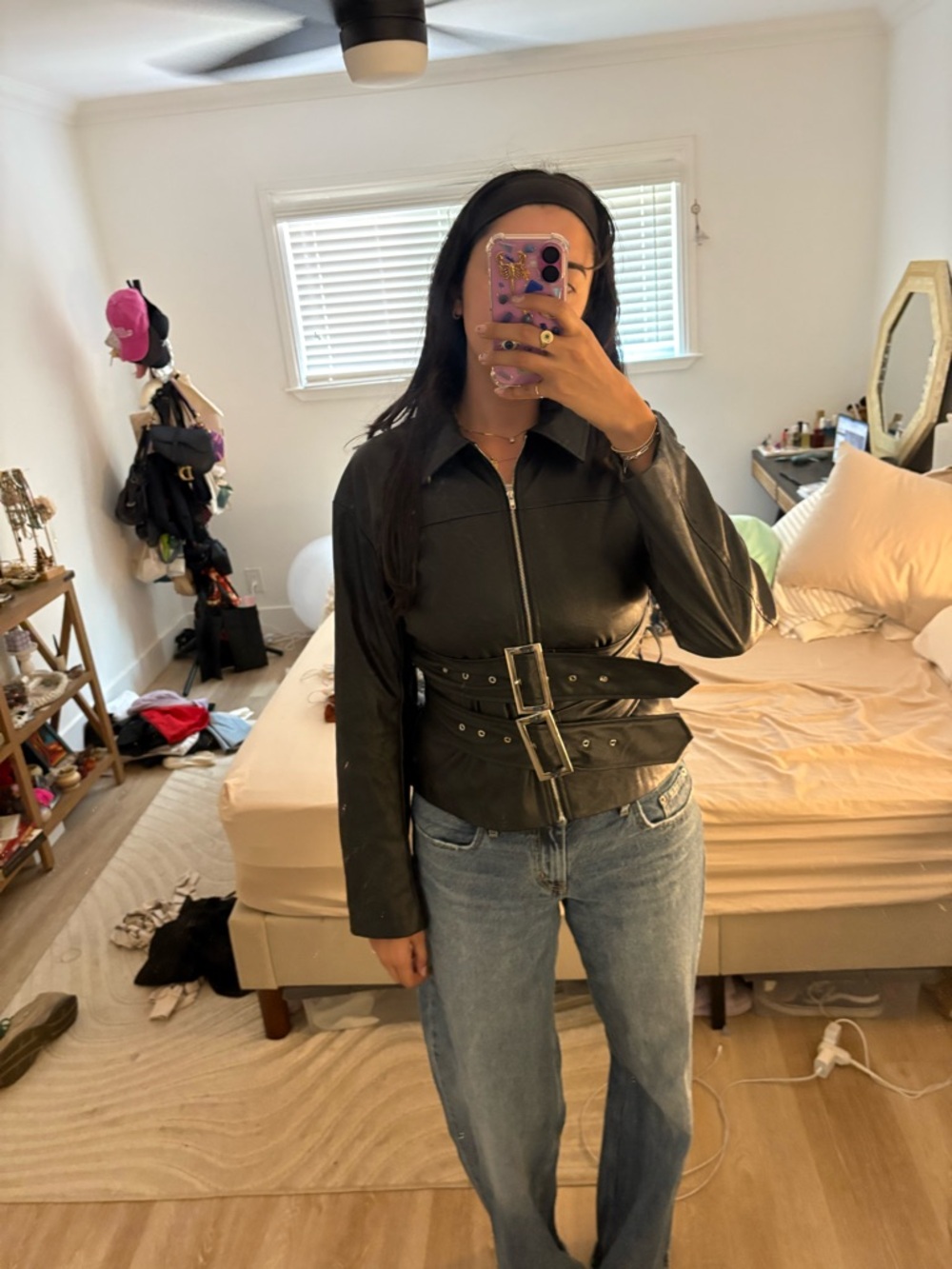 Tiger Mist Black pleather Belted Jacket